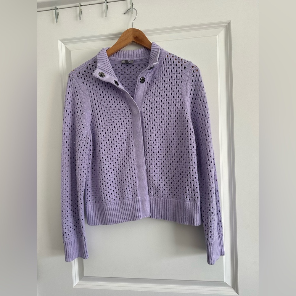 T by Talbots Lavender Women's Sweater open weave. Large petite. Cardigan Preppy